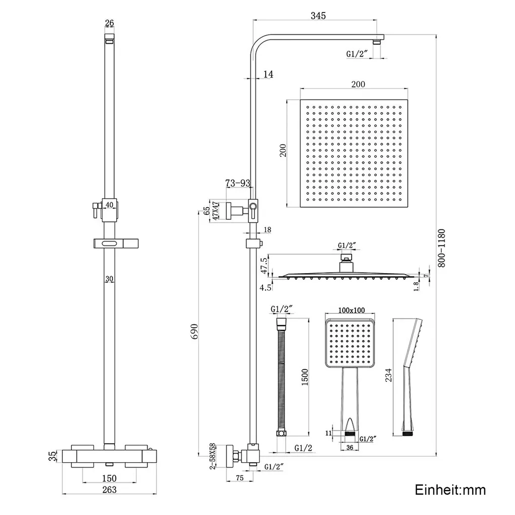 Colonne de douche Heilmetz thermostatique noir mat avec pluie carrée 20cm - 11