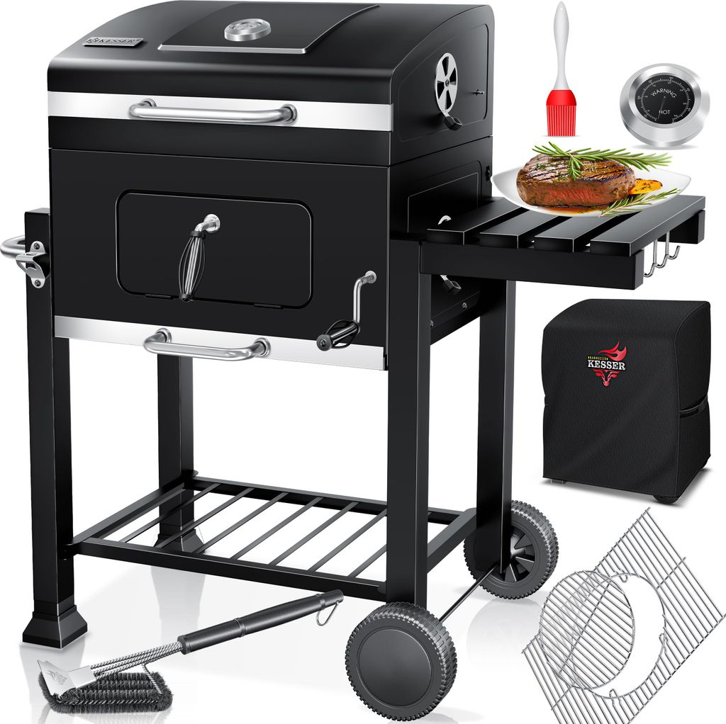 A black charcoal grill with accessories displayed around it.