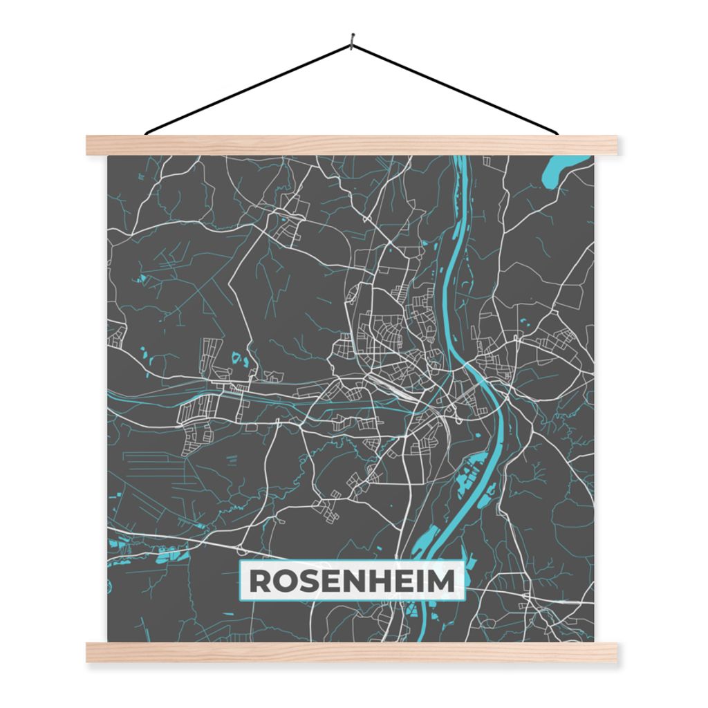 MuchoWow Textilposter Karte - Rosenheim - Blau - Stadtplan - Deutschland 40x40 cm mit holzfarbenen Rahmen - Posterleiste