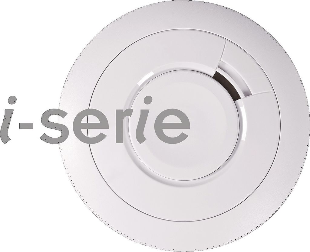 A white smoke detector with the text 'i-serie' overlaid on it.