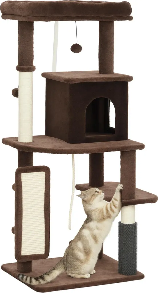 Arbre à chat 132 cm à quatre niveaux avec poteaux-brosses - Gris clair