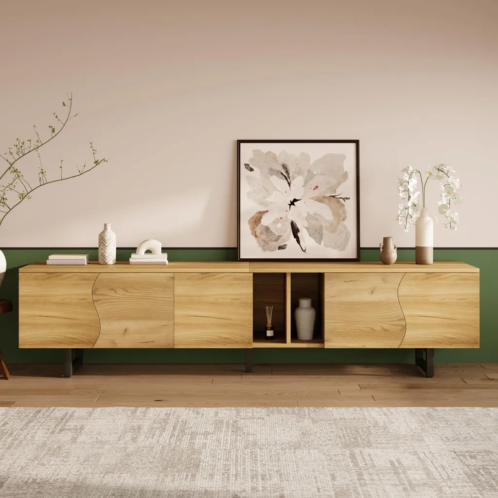 Meuble TV Bas 191 cm Design Unique, Support TV avec 5 Compartiments Fermés - 7