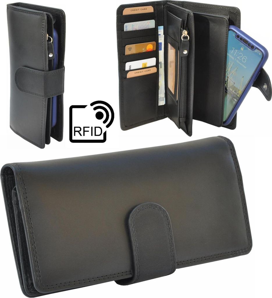 Damen Portemonnaie - Geldbörse / Handytasche - Leder Geldbeutel schwarz