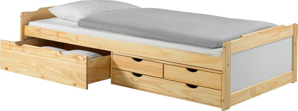 Bett mit Stauraum ANDREA Kiefer massiv weiss/natur 90x200 Produktbild 