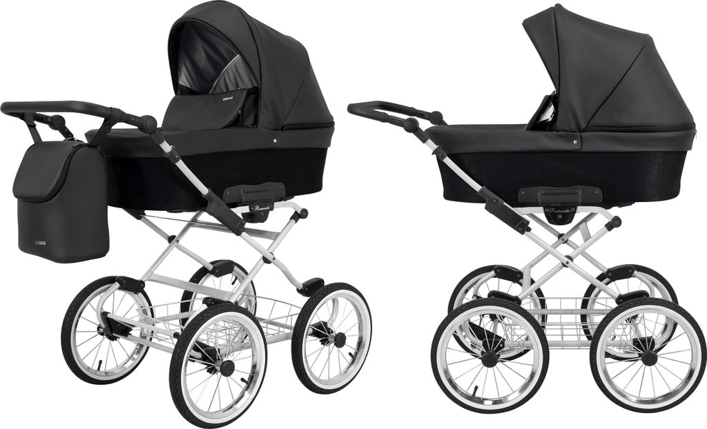 Kinderwagen ROMANTIC Babywagen Babyschale Kinder Wagen Set 1 in 1 (schwarz eco, Rahmenfarbe: grauer Rahmen)