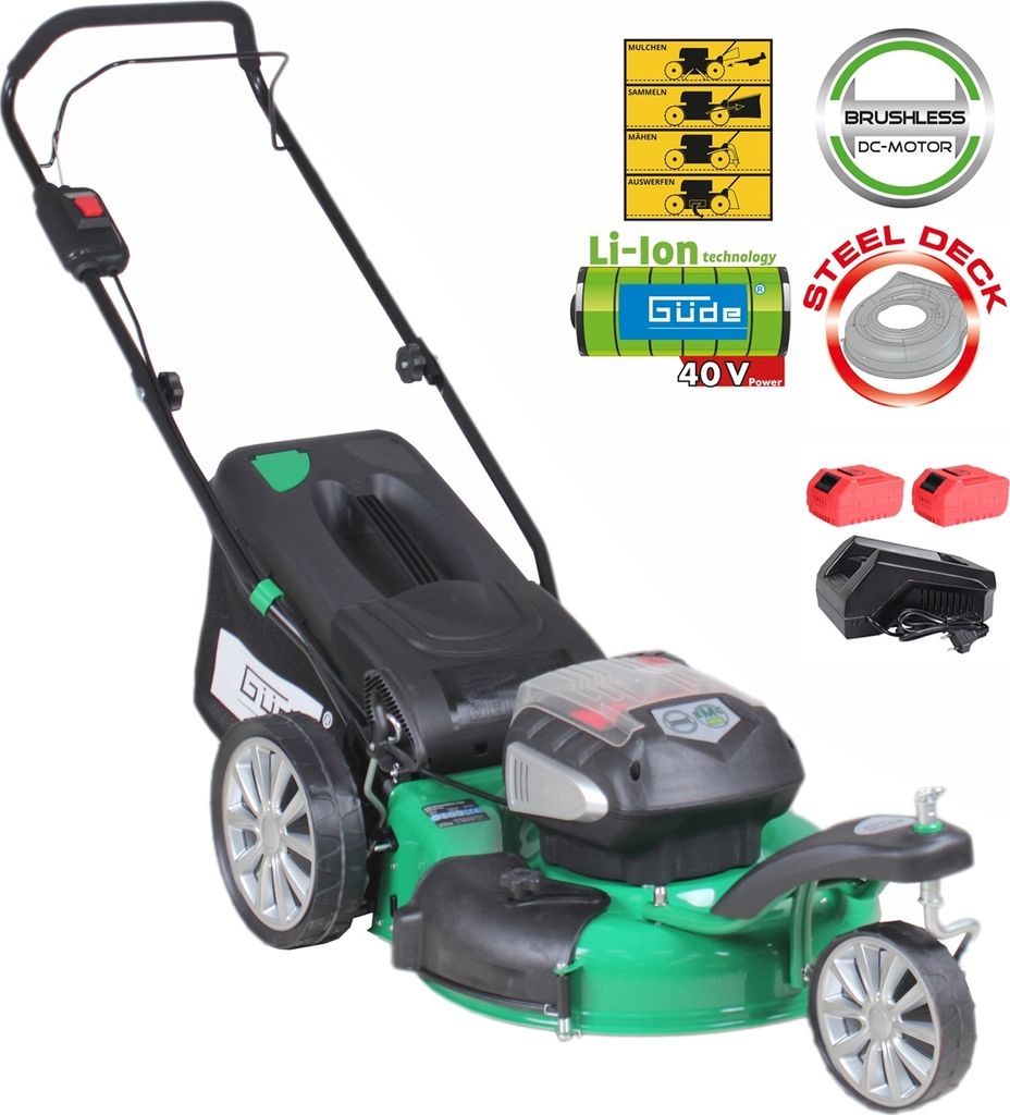 Güde Akku Rasenmäher Trike 40V elektro mit Mulchfunktion inklusive 2x Akku á 2,5Ah und Schnellladegerät 460/40-5.0S | 46cm Schnittbreite | 40l ...