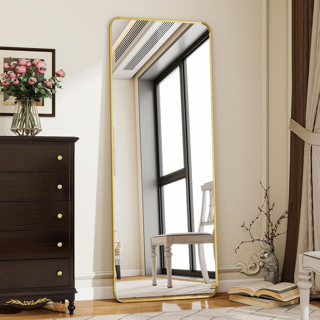 Koonmi Standspiegel mit abgerundeten Ecken, 58 x 168 cm Ganzkörperspiegel mit Ständer, großer Fußboden Standspiegel, Gold