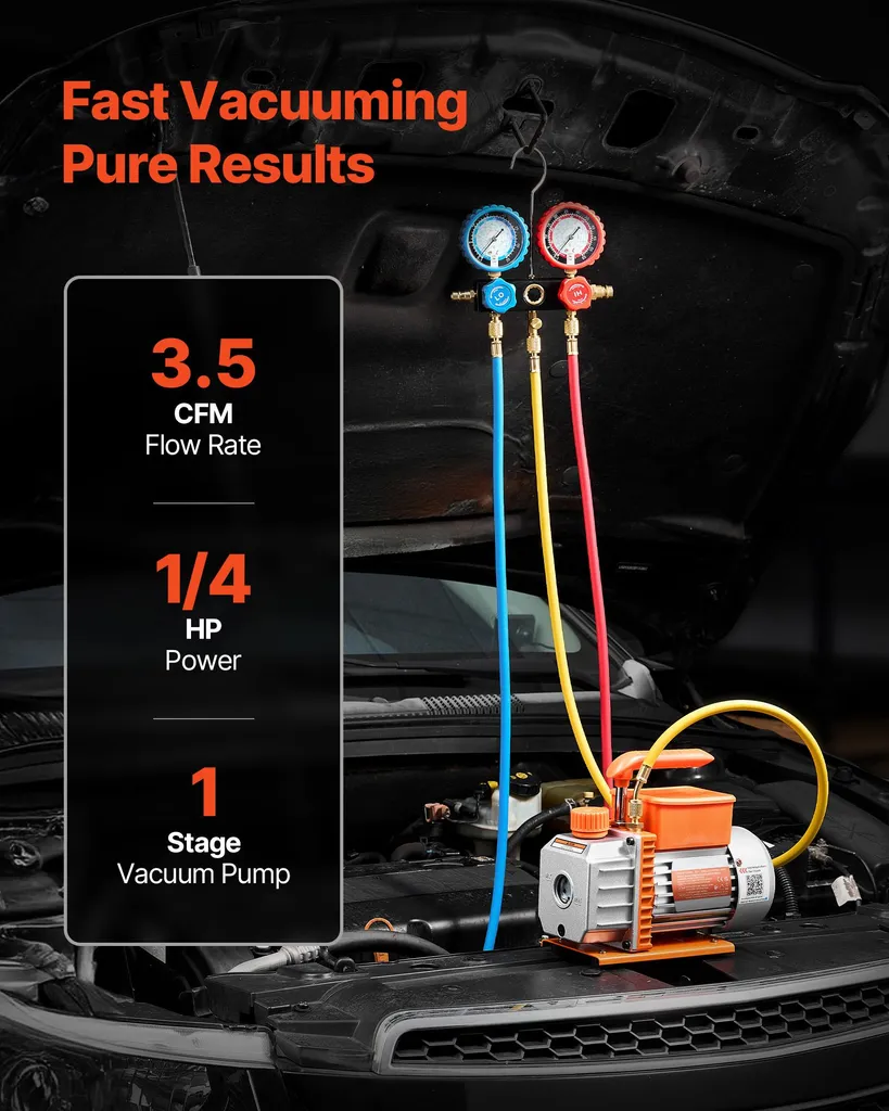 SucceBuy pompa per vuoto con manometro, 3,5 CFM 99 L/min, 180 W, pompa rotativa a palette a 1 stadio, kit pompa per vuoto per R134a, R22, R410a, R1234YF e R32, compresa la borsa per il trasporto per gli impianti di condizionamento dell'automobile - 2