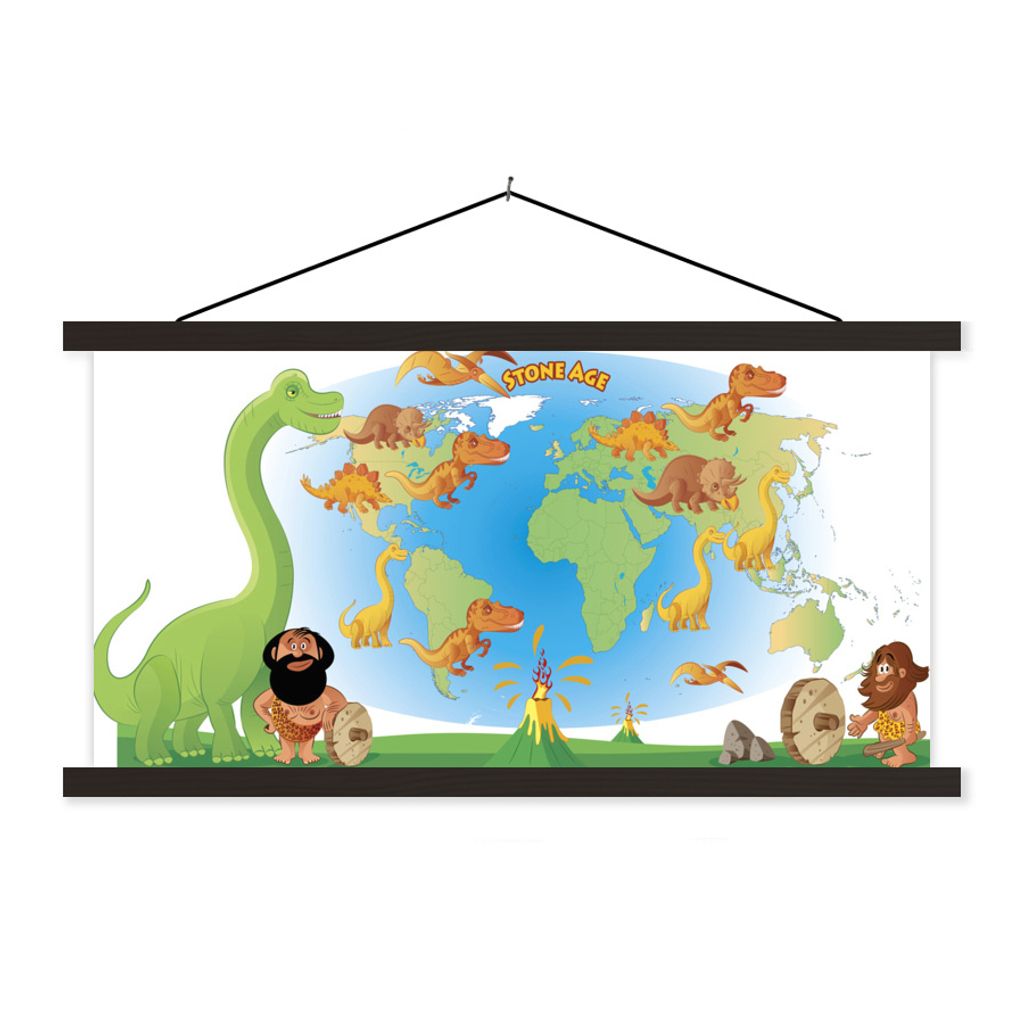 MuchoWow Textilposter Weltkarte Kinder - Dinosaurier - Vulkan 60x30 cm mit schwarzem Rahmen - Textilien