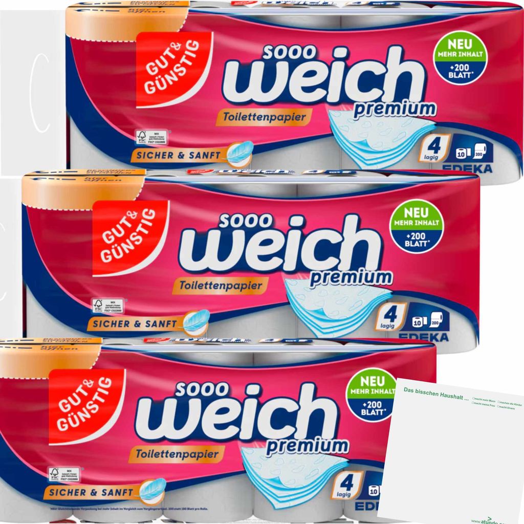 Gut & Günstig Toilettenpapier premium 4-lagig 3er Pack (30 Rollen) + usy Block