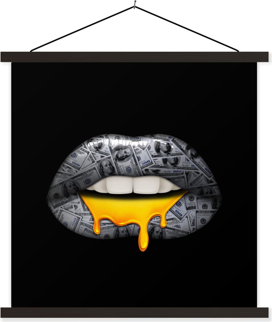 MuchoWow Textilposter Lippen - Geld - Schwarz und Weiß 40x40 cm mit schwarzem Rahmen - Fotos