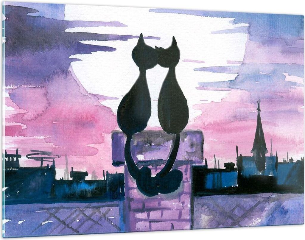 Bilder auf glas - Katzen Dach Liebe Tier - 120x80cm - Glasbilder - Wandbilder - Kunstdruck - zum Aufhängen bereit - Wanddekoration aus Glas - Glas...