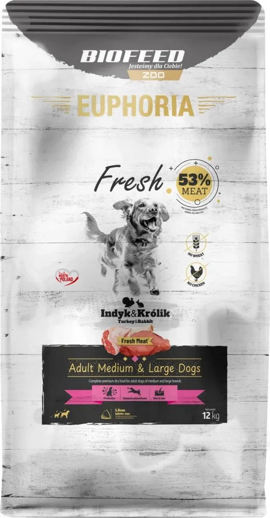 Croquettes pour Grands Chiens Actifs : Euphoria Dinde et Lapin en 12 kg