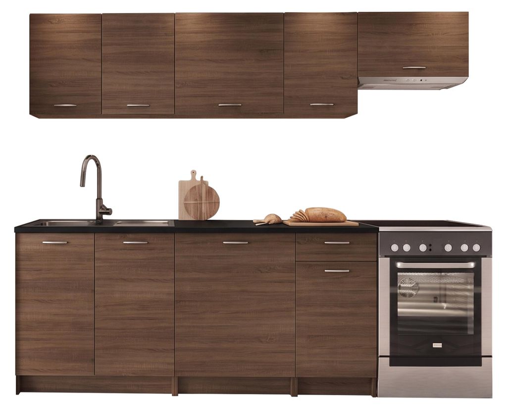 MIRJAN24 Küche Mela 240, Küchenzeile mit Arbeitsplatte, 7 Schrank-Module, Küche-Set, Küchenmöbel (Nuss Elegant / Nuss Elegant + Schwarz, ohne ...