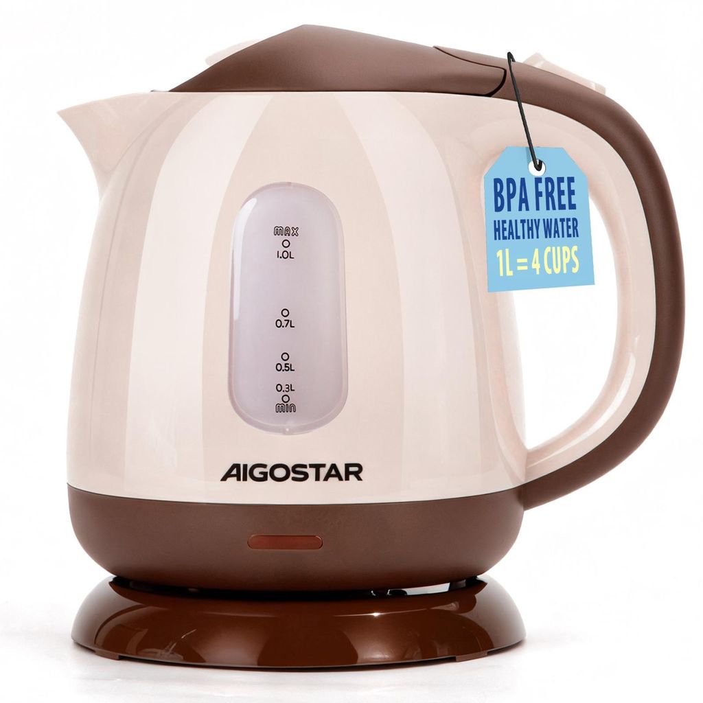 Aigostar- Klein Wasserkocher 1 L, 1100W, Mini Wasserkocher für Schlafzimmer, Reisen, Camping, Abnehmbarer Filter, Braun