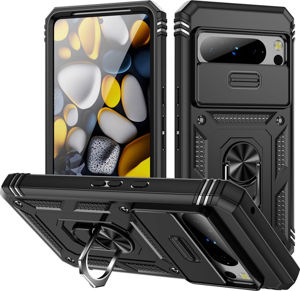 Google Pixel 8 Pro Hülle, Schiebe Kamera Schutz Stoßfest Schutzhülle mit Ringhalterung Ständer für Google Pixel 8 Pro Schwarz