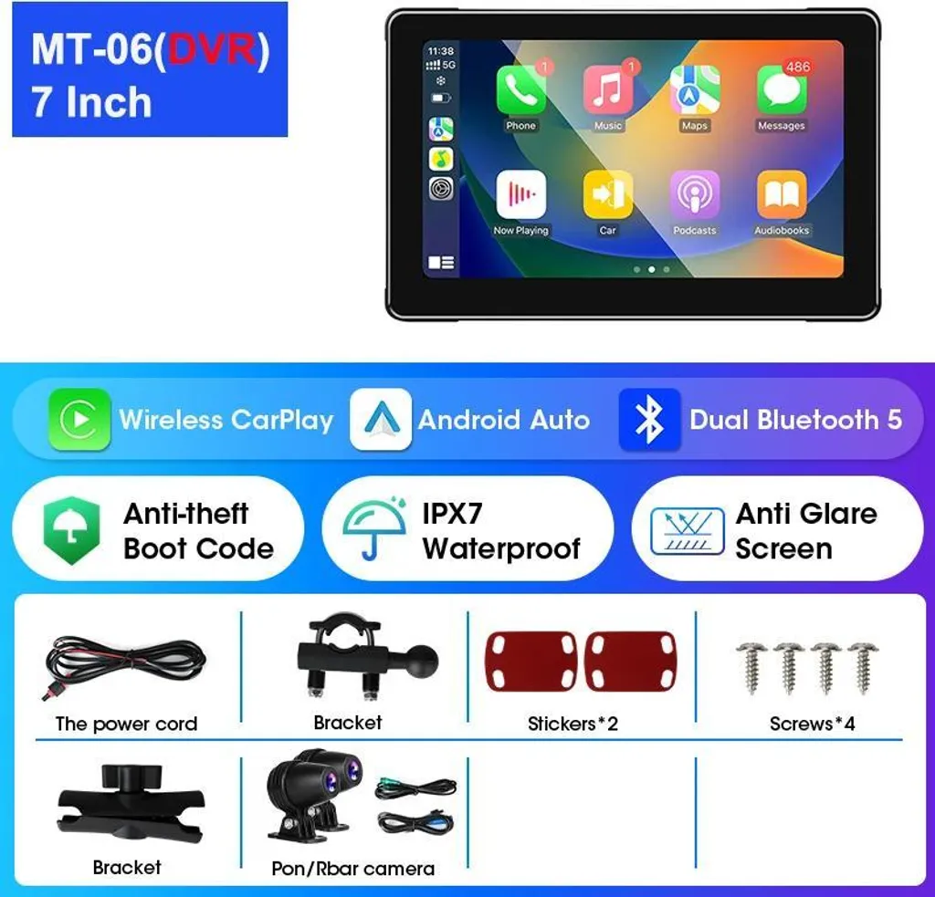 Lecteur multimédia Motorrad MT-06 DVR 7 pouces avec CarPlay et Android Auto