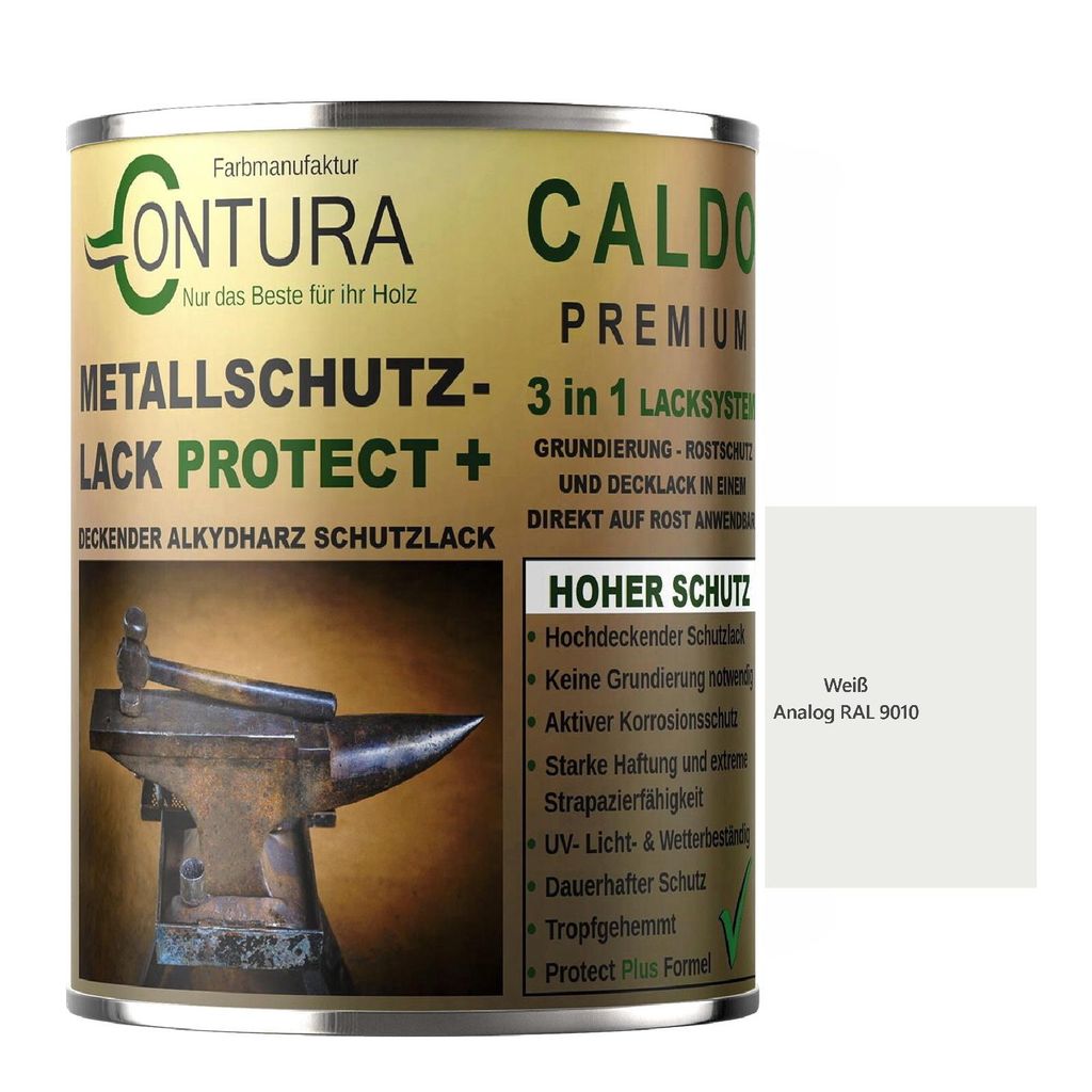 Contura 3 in 1 Rostschutzfarbe 1Liter. Metallschutzlack GLÄNZEND RAL Metall Lack Farbe Grundierung Rost - RAL 9010 Weiß