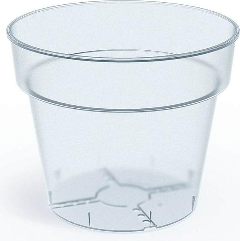 A clear plastic plant pot is shown against a white background.