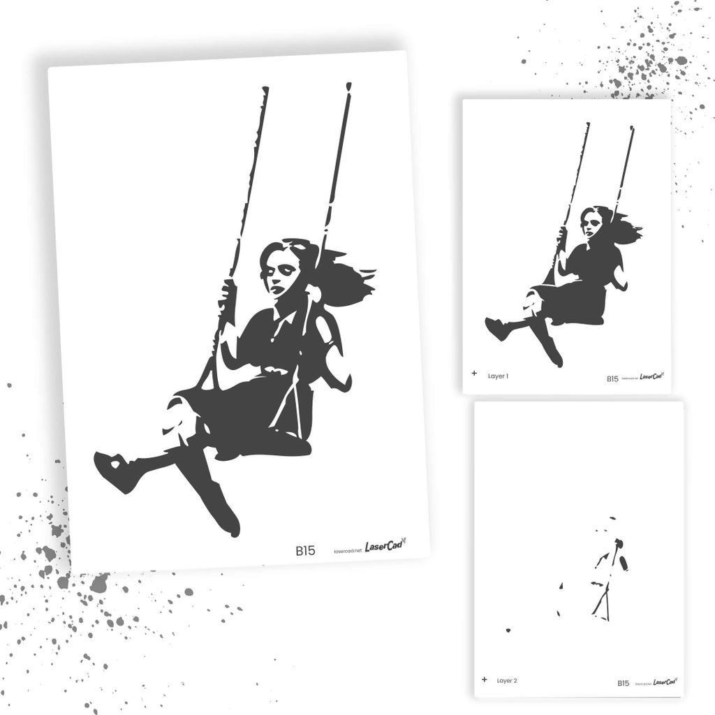 LaserCad Schablonen BANKSY Streetart  (B15, Swing Girl, DIN A2) Stencil für Graffiti, Airbrush, Deko