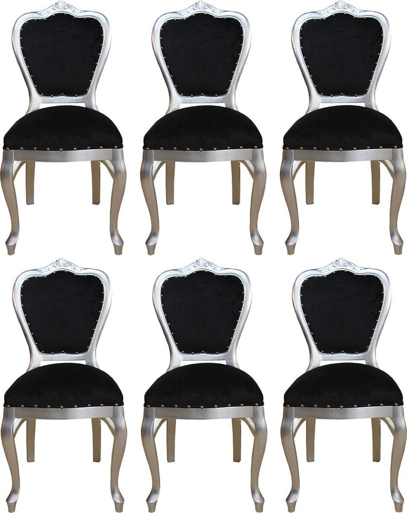Casa Padrino Luxus Barock Esszimmer Set Schwarz / Silber 45 x 46 x H. 99 cm - 6 handgefertigte Esszimmerstühle - Barock Esszimmermöbel