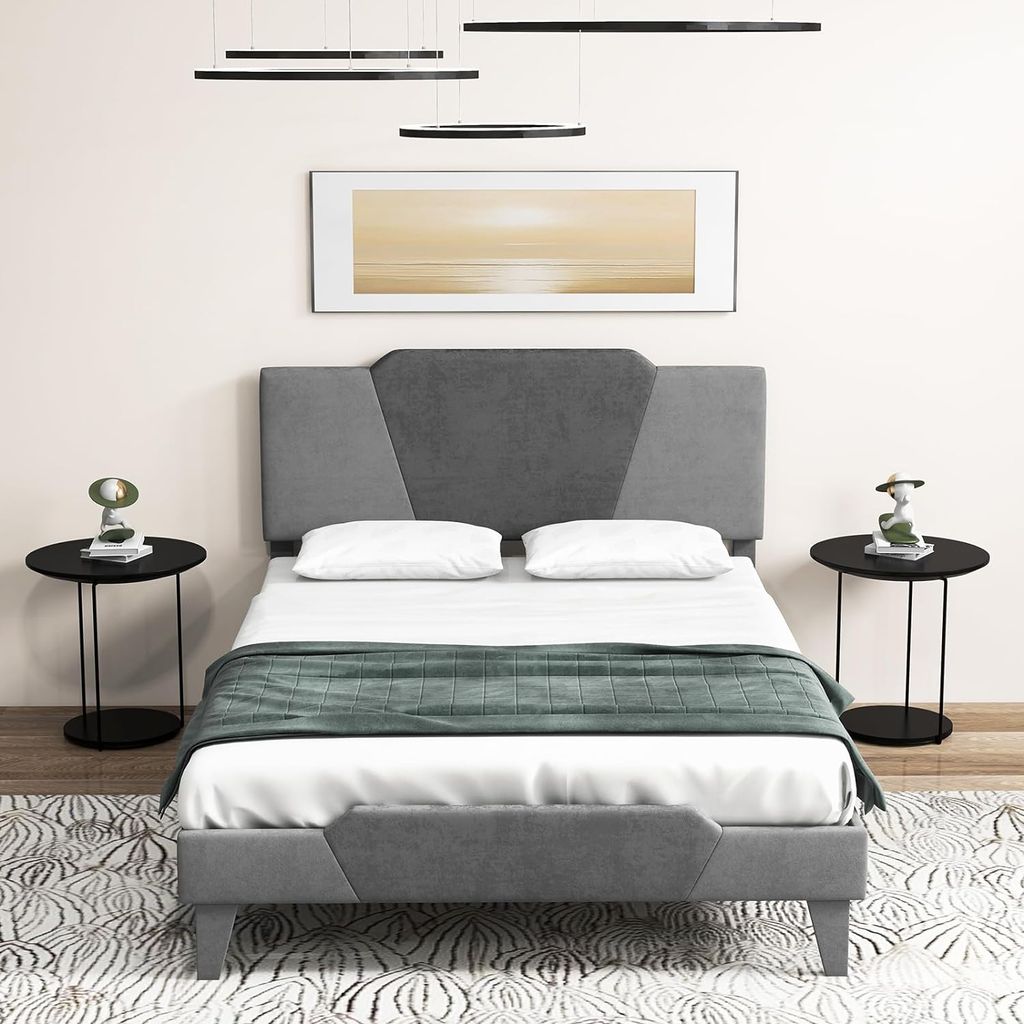 GOPLUS Holzbett 140x200 cm, Doppelbett mit Lattenrost, Bettgestell mit Kopfteil & Stauraum unter dem Bett, für Schlafzimmer & Gästezimmer, Grau