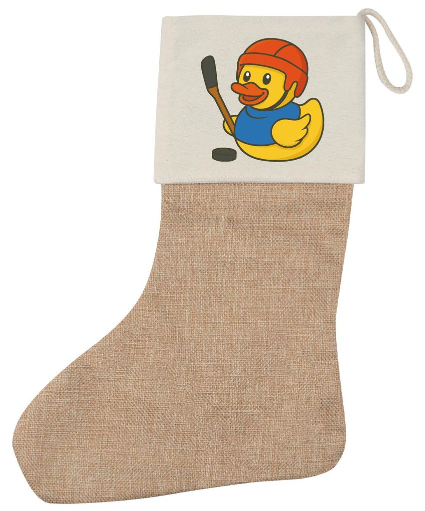 Huuraa Weihnachtsstrumpf Quietscheente Eishockey Gummiente Hockey Beige Jute Kaminstrumpf Geschenkidee