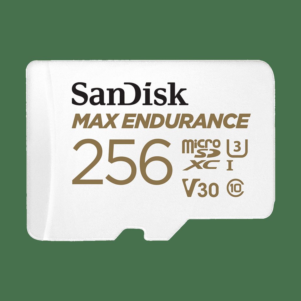 A white SanDisk microSDXC memory card with product details printed on it, set against a green background.