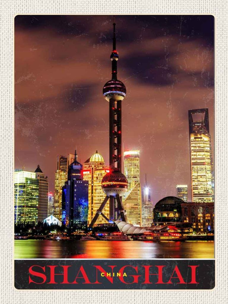vianmo Holzschild 40x30 cm Shanghai China Stadt Tower Meer Bildmotiv Reisemotiv Abenteuer Reisen