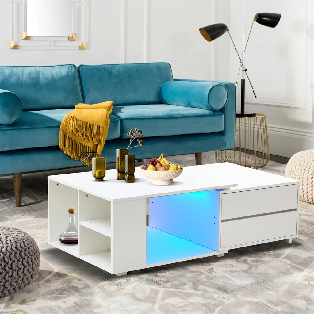 CLIPOP Table basse extensible blanche LED - 4 Tiroirs et Étagère Bois