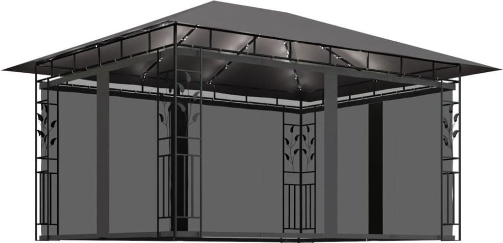 Pavillon mit Moskitonetz & LED-Lichterkette 4x3x2,73m Anthrazit