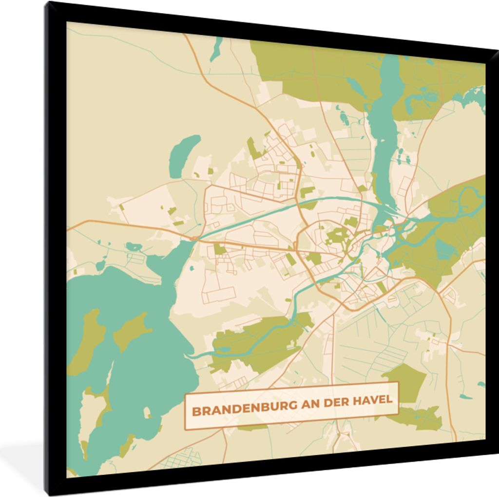 MuchoWow Gerahmtes Poster Brandenburg an der Havel - Karte - Vintage - Karte 40x40 cm - Poster mit Schwarzem Bilderrahmen Wandposter Rahmen Foto ...