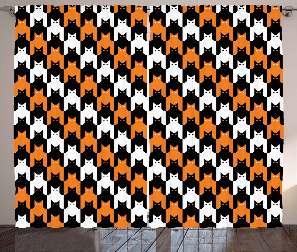 ABAKUHAUS Halloween Rustikaler Gardine, Catstooth Muster, Schlafzimmer Kräuselband Vorhang mit Schlaufen und Haken, 280 x 245 cm, Orange Schwarz W...