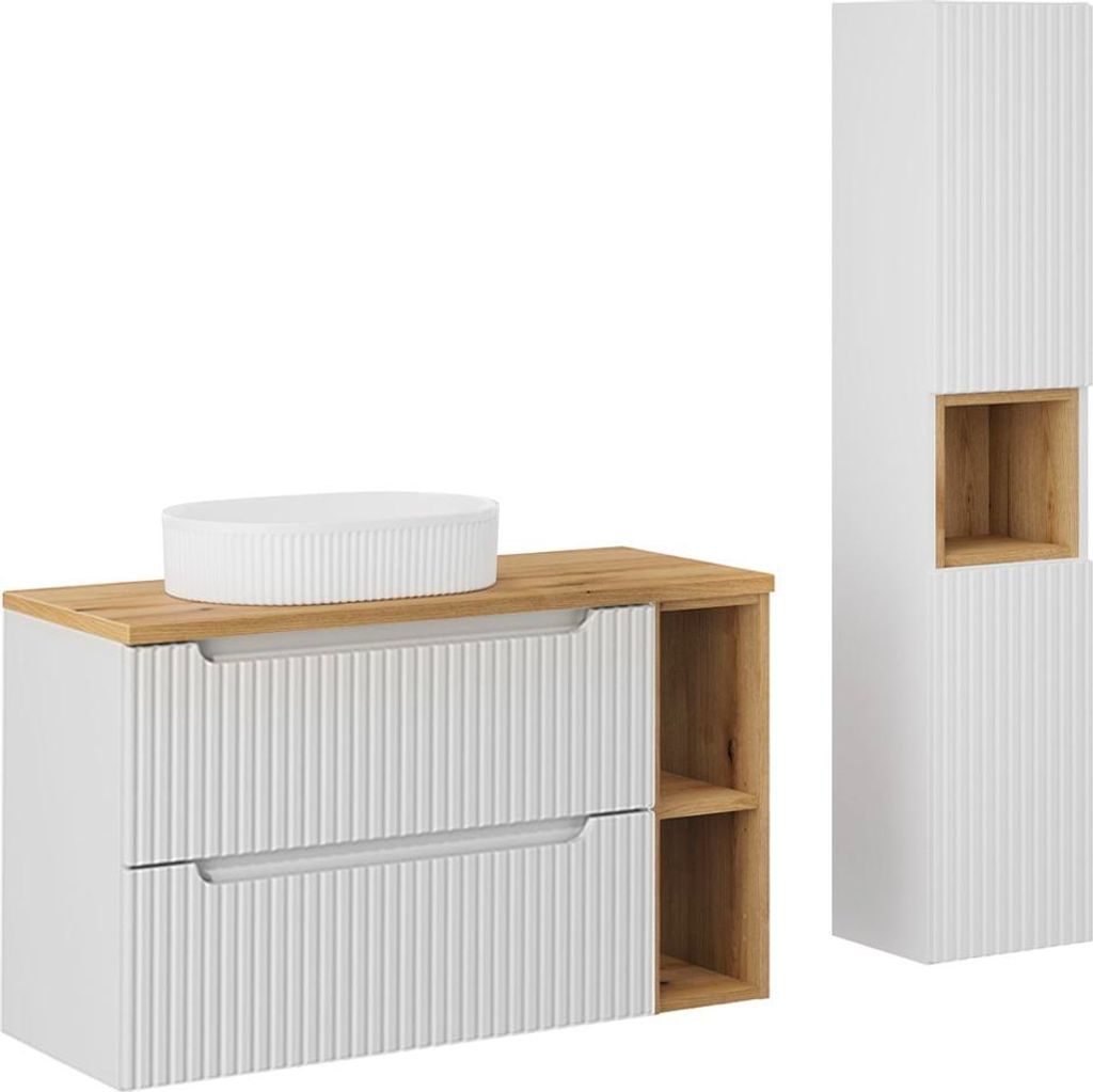 Waschtisch und Hängesäule 100.4cm Riva mit 2 Schubladen, Weiß und Holzoptik