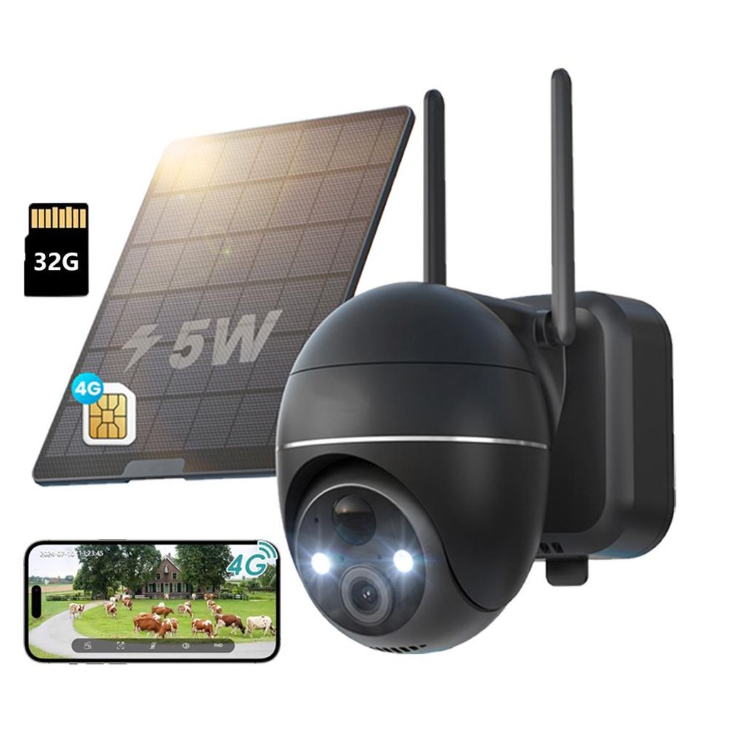 4G LTE Überwachungskamera Aussen Akku mit SIM Karte 2K Kabellos Solar PTZ IP Kamera Outdoor Ohne WLAN Farb-Nachtsicht PIR Erkennung mit 32G