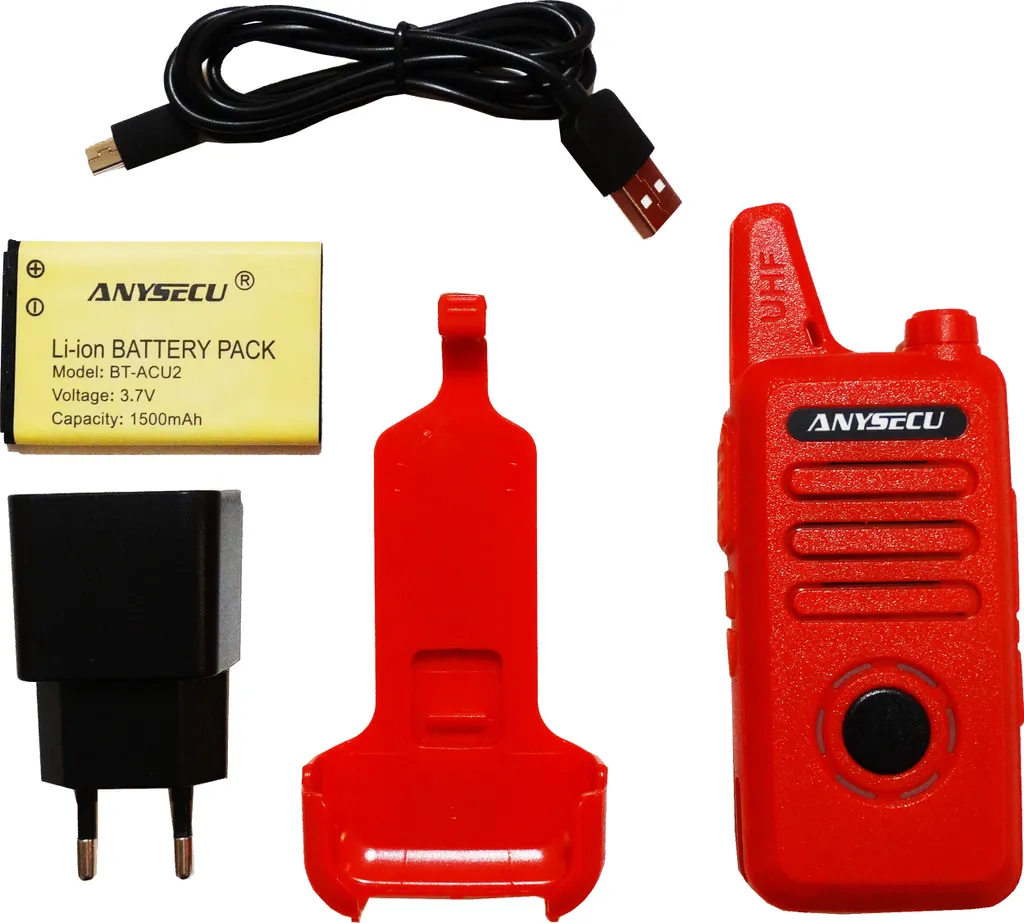 Talkie-walkie compact AnySecu AC-U2 rouge avec charge USB longue durée