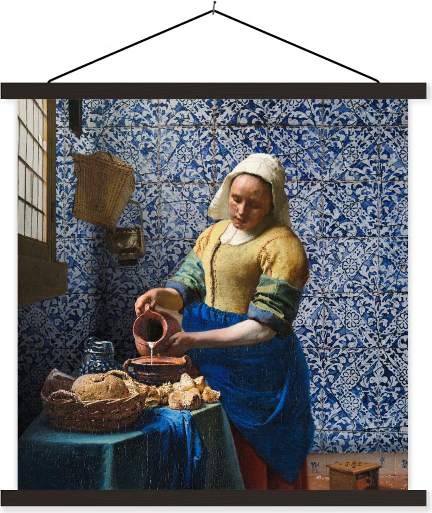 MuchoWow Textilposter Milchmädchen - Delfter Blau - Vermeer - Gemälde - Alte Meister 120x120 cm mit schwarzem Rahmen - Aufhängungsset