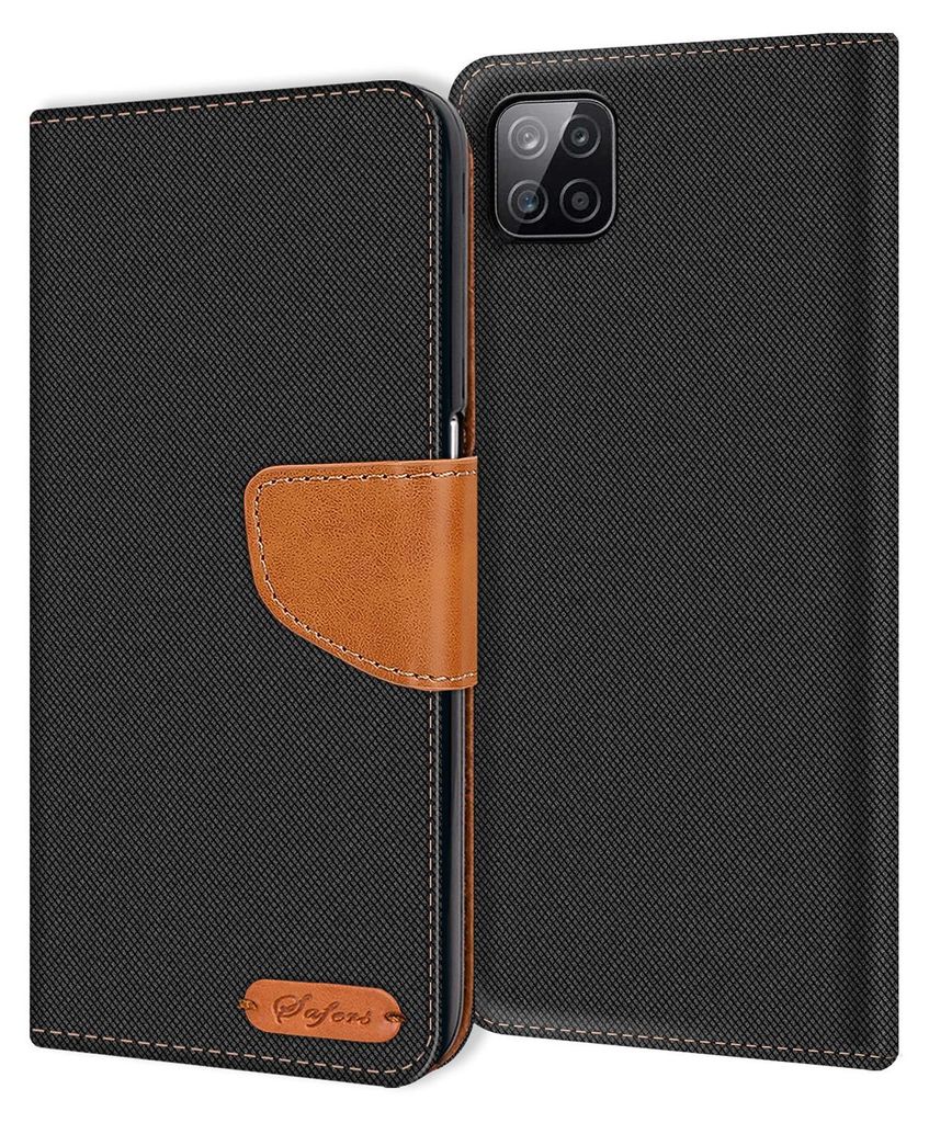 A black flip case for a Samsung Galaxy A22 5G phone, with a brown leather strap closure and a small brown logo on the front.