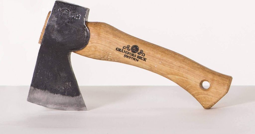 A close-up shot of an axe on a white background.