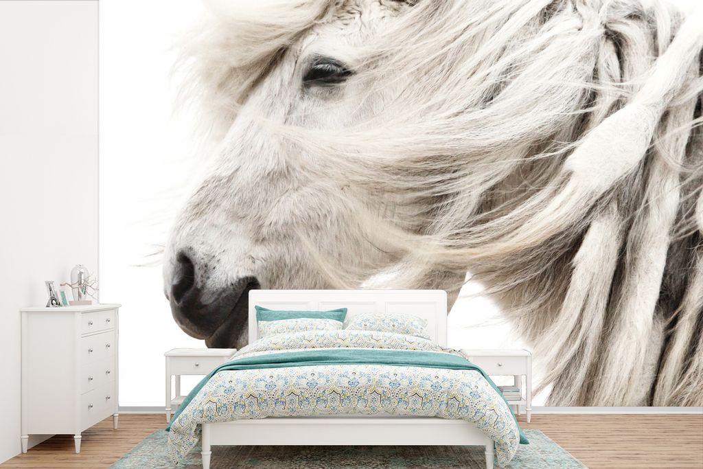 MuchoWow Fototapete für Wohnzimmer oder Schlafzimmer Wandtapete Vinyl Motivtapete Pferd - Grau - Weiß - 450x300 cm - Gemusterte