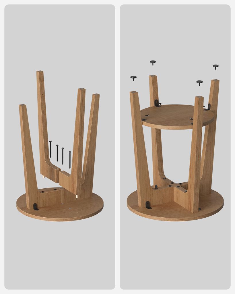 Assembly steps for a wooden stool shown side-by-side.