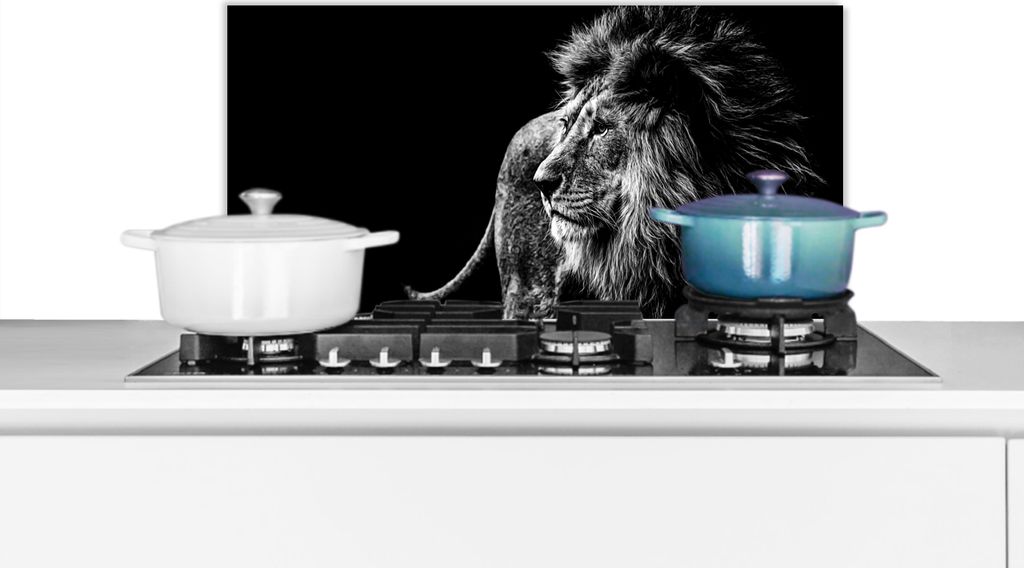 KitchenYeah Spritzschutz Küche - Küchenrückwand - Wandschutz für Herd und Spüle - Tiere - Wild - Löwe - Schwarz - Weiß 70x30 - Alu-Dibond...
