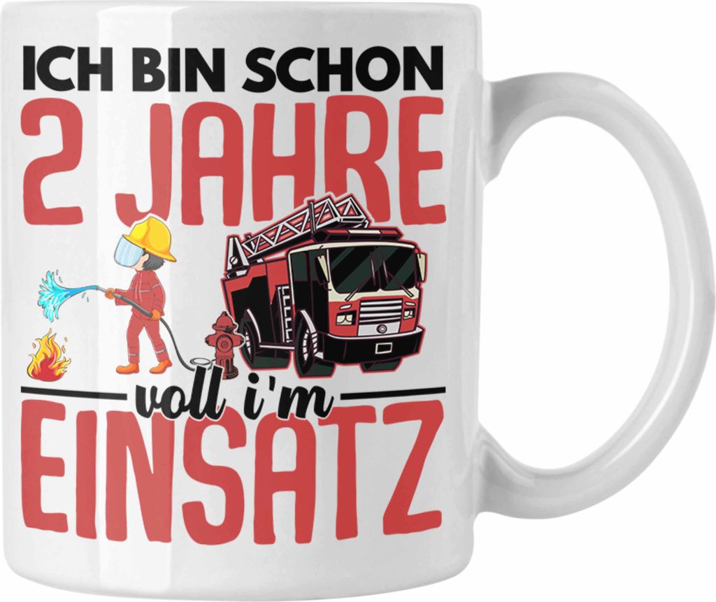 Trendation - 2. Geburtstag Geschenk Jungs Feuerwehr Tasse Geschenke Zubehör Lustig Kinder Geburtstag Spruch Ich Bin 2 (Weiß)