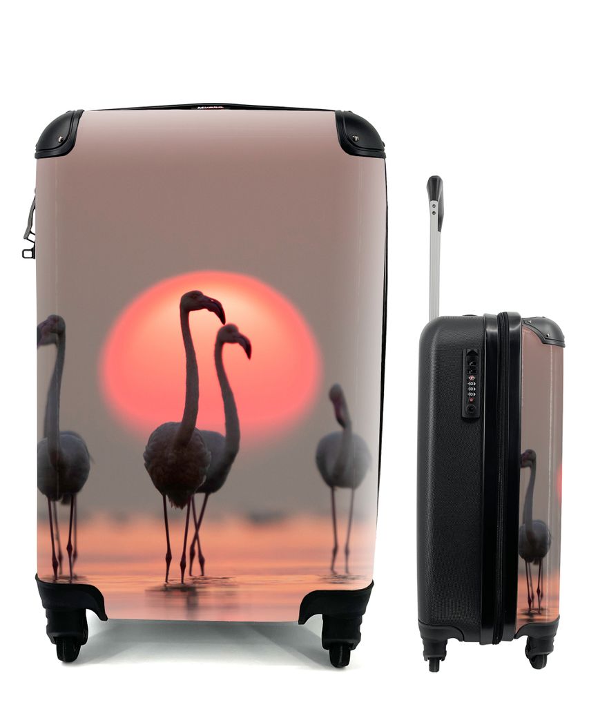 MuchoWow Koffer Handgepäck Trolley Rollkoffer Kleine Reisekoffer mit 4 Rollen - Vogel - Flamingo - Sonnenuntergang - Rosa - Cabin Size < 55x40x2...