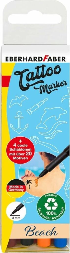 Eberhard Faber 559504 Set Di 4 Penne Per Tatuaggi Per Bambini Con 4 Stencil, Colori Rosso, Verde, Blu, Nero, Tatuaggi Temporanei, Lava Con Acqua - 2