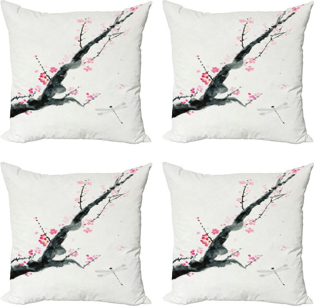 ABAKUHAUS Libelle Kissenbezug Set (4 Stück), Kirsche Sakura Baum, Moderner Doppelseitiger Digitaldruck, 45 cm x 45 cm, Pink Schwarz