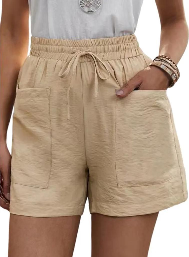 ASKSA Damen Shorts Sommer Lässige Sport Kurze Hose Einfarbig Hoher Taille Lockere Kordelzug mit Taschen, Aprikose, 3XL
