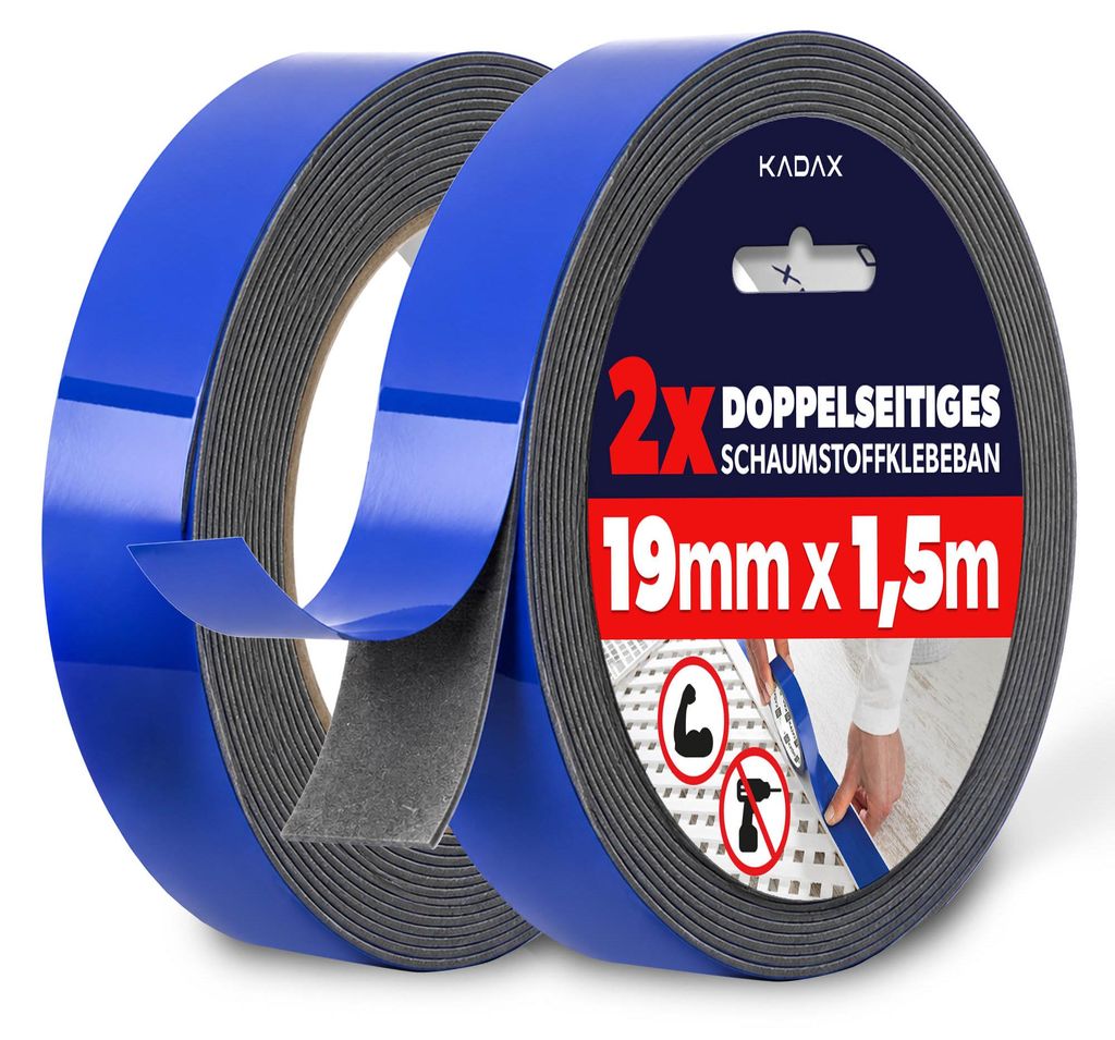 KADAX Doppelseitiges Klebeband 19 mm x 1,5 m, 2 Rollen, Extra Stark Montageklebeband aus PE-Schaum, Schaumstoff Doppelklebeband für Spiegel, Leist...