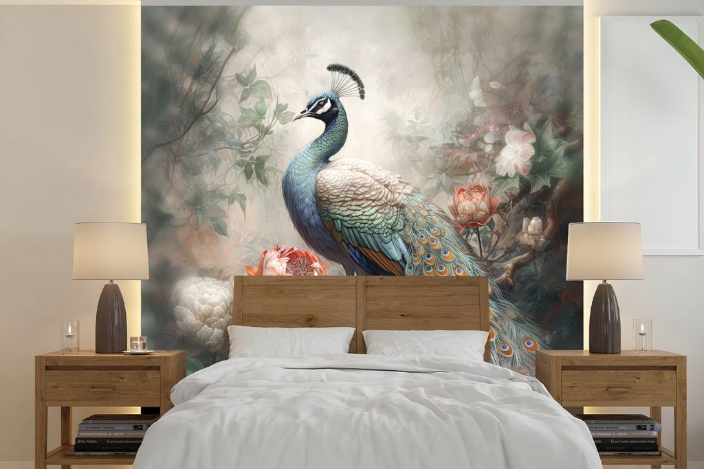 MuchoWow Fototapete für Wohnzimmer oder Schlafzimmer Wandtapete Vinyl Motivtapete Pfau - Pfauenfedern - Vogel - Dschungel - Blumen - 350x350 cm ...