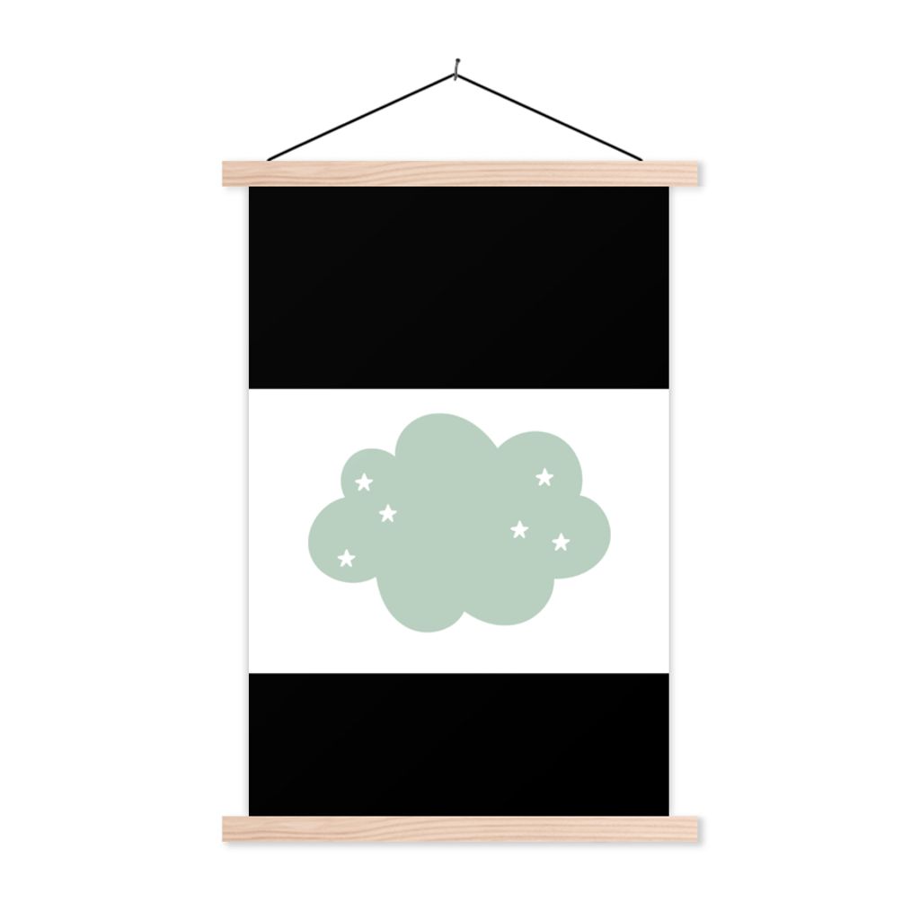 MuchoWow Textilposter Wolke - Mädchen - Jungen - Sterne - Pastell - Kind 120x80 cm mit holzfarbenen Rahmen - Aufhängeset